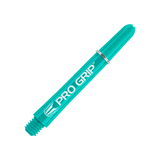 Das Bild zeigt einen aqua-blauen Pro Grip Schaft für Darts. Im Hintergrund sind mehrere gleiche Schäfte zu sehen, die ein Muster bilden.
