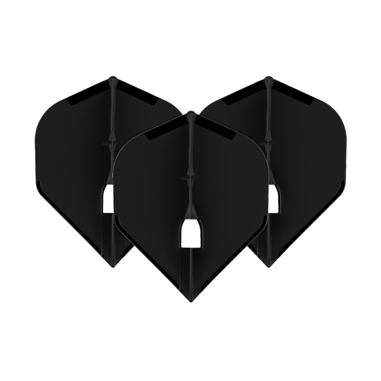 L-Style Champagne L1PRO Flights Auf dem Bild sind drei schwarze Dartflights zu sehen, die nebeneinander stehen. Sie haben eine klassische, breite Form und sind einheitlich gestaltet.