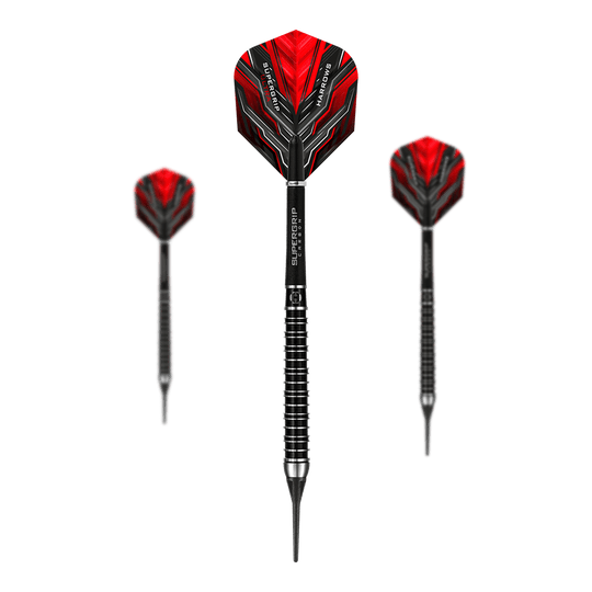 Šipky Harrows Supergrip Ultra soft Das Bild zeigt drei Harrows Supergrip Ultra Softdarts mit roten Flights und schwarzem Schaft. Die Darts haben ein modernes, sportliches Design mit silbernen Ringen am Griff.