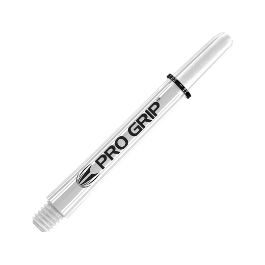 Target Pro Grip Shafts – 3 sady – White Dies ist ein weißer Pro Grip Dart-Schaft mit schwarzer Beschriftung. Er hat ein schlankes Design und ist mit einem Pro Grip Logo versehen.