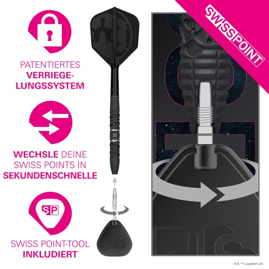 Ocelové šipky Target Star Wars Darth Vader 95 Swiss Point Dieses Bild zeigt die Target Star Wars Darth Vader 95 Swiss Point Steeldarts. Die Darts sind im Star Wars Design mit Darth Vader-Motiv gestaltet.