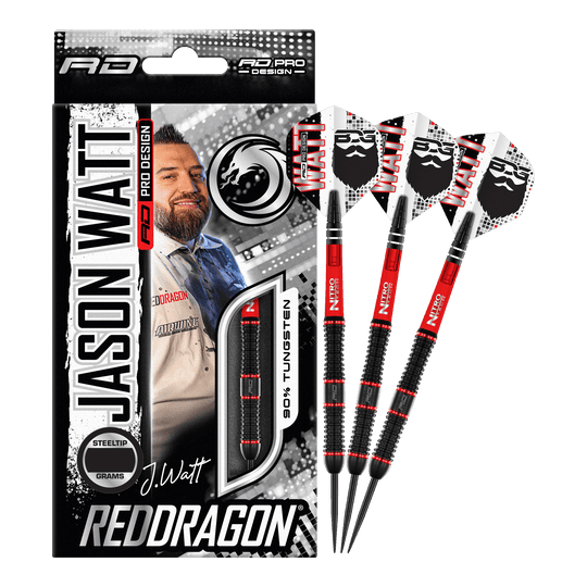 Ocelové šipky Red Dragon Jason Watt - 22g Das Bild zeigt das Produkt "Red Dragon Jason Watt Steeldarts - 22g" in seiner Verpackung. Rechts daneben sind drei Steeldarts mit schwarzem und rotem Design zu sehen.
