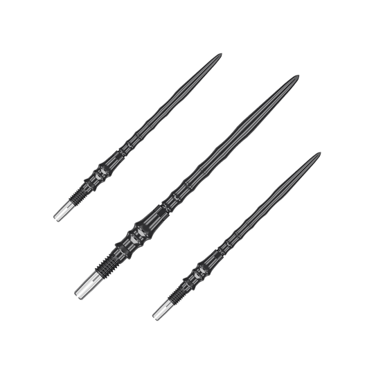 Špičky na šipky Target Japan Premium Swiss Point Steel - černé Das Bild zeigt ein Set von schwarzen Steeldartspitzen, SwissPoint, 40 mm von Target Japan Premium. Mehrere Spitzen sind nebeneinander angeordnet.