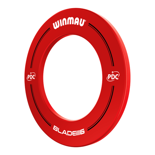 Kryt terče Winmau PDC - červený Das Bild zeigt einen roten Winmau PDC Dartboard Surround. Auf dem Ring stehen die Wörter "Winmau", "PDC" und "Blade 6".