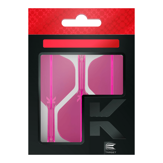 Standardní letový systém Target K-Flex No2 - neonově růžový Das Bild zeigt eine Packung mit pinkfarbenen Dart-Flights der Marke Target. Die Verpackung ist überwiegend schwarz mit einem roten oberen Abschnitt.
