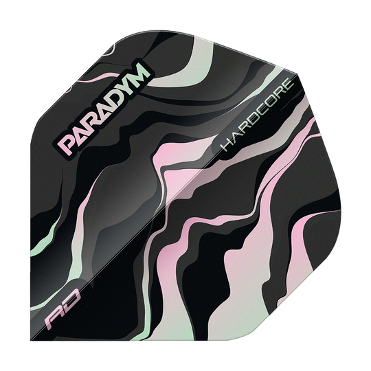 Das Bild zeigt einen Dart Flight des Modells "Red Dragon Hardcore Paradym No2 Standard Flights". Das Design ist in Schwarz, Rosa und Grau mit geschwungenen Mustern und den Schriftzügen "PARADYM", "HARDCORE" und "RD" gehalten.