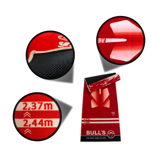 67806_Bulls_Dartteppich_180_Red_2 Das Bild zeigt den roten "Bulls Carpet-Mat Teppich 180" mit verschiedenen Detailansichten. Auf dem Teppich sind Markierungen und ein großes Pfeildesign zu sehen.