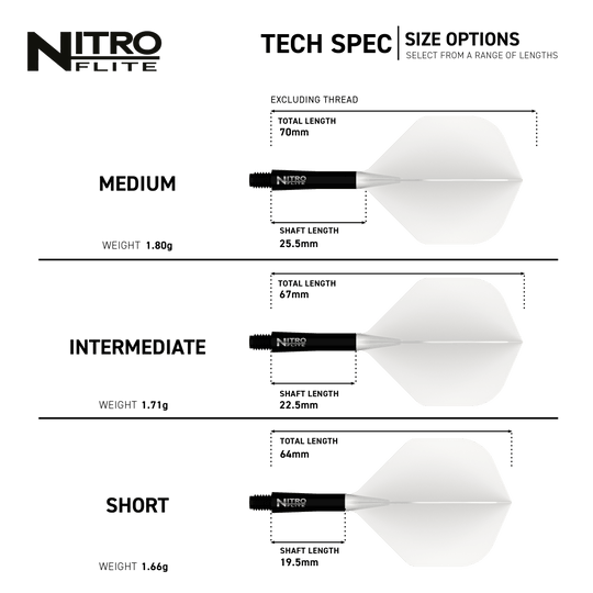 Hier sieht man das Produkt Red Dragon Nitroflite Black Shaft White Flights No2. Diese Dart-Zubehörteile haben einen schwarzen Schaft und weiße Flights.