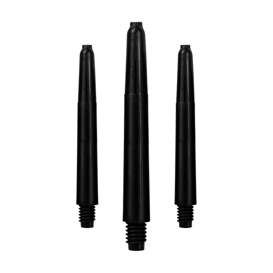 567_Nylon_Shafts_Schwarz_40mm_1 Das Bild zeigt drei schwarze Nylon-Schäfte für Dartpfeile. Sie sind in einer vertikalen Reihe angeordnet und haben ein Schraubgewinde am unteren Ende.