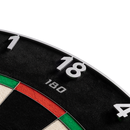 Das Precise 180 Endorphine Steeldartboard mit Nummernring in Gunmetal wird dargestellt. Es handelt sich um ein langlebiges und präzises Dartboard für verschiedene Spiellevel.