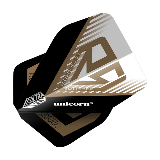 Letky Unicorn Ultrafly 100 Ross Smith Smudger AR1 Das Bild zeigt die Dartflights "Unicorn Ultrafly 100 Ross Smith Smudger AR1". Die Flights sind schwarz, weiß und gold gestaltet und tragen den Namen des Spielers sowie das Unicorn-Logo.