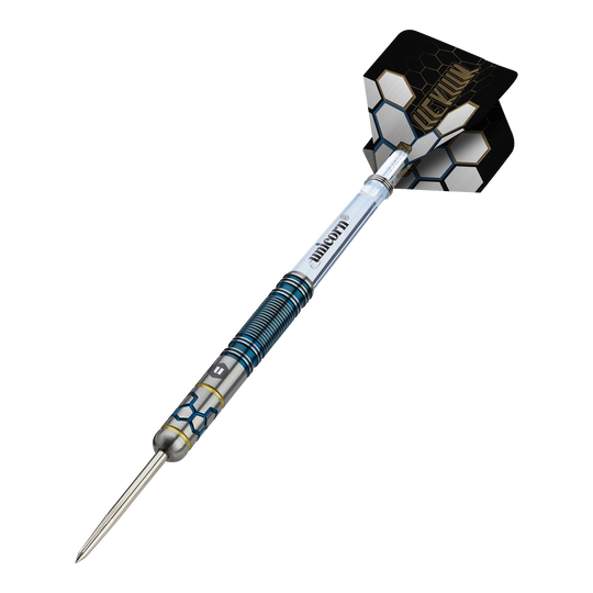 Ocelové šipky Unicorn Hexium Style 02 Modré a zlaté Das Foto zeigt die Unicorn Hexium Style 02 Blue & Gold Steeldarts. Es handelt sich um hochwertige Steeldarts in Blau und Gold.