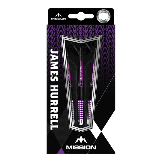 Die Verpackung zeigt die Mission James Hurrell Hillbilly Black Purple Steeldarts. Drei schwarze Steeldarts mit lila Akzenten sind im Inneren sichtbar.