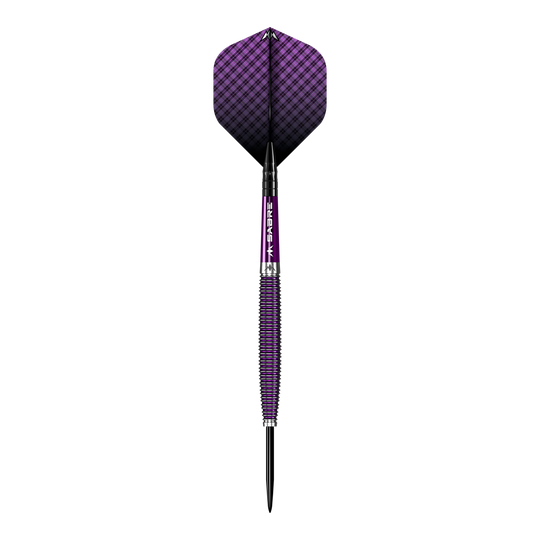 Das Bild zeigt einen lila Steeldart mit dem Namen "Mission Chloe OBrien Electro Purple Steeldarts - 23g". Der Dart hat ein gestreiftes, lila-schwarzes Design und eine spitze Stahlspitze.