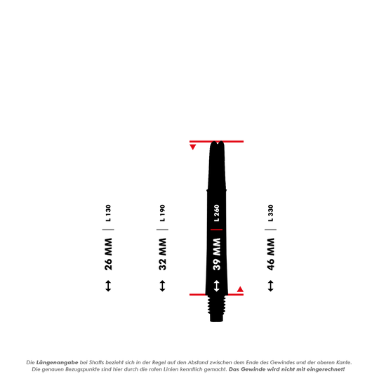 L-L-Style-Shafts uzamknuté rovně - červená Das Bild zeigt vier verschiedene Längen eines geraden L-Style L-Shafts für Darts. In der Mitte wird die Länge von 39 mm hervorgehoben und die anderen Längen sind 26 mm, 32 mm und 46 mm.