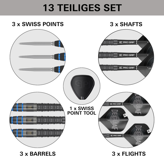 Das Bild zeigt das 13-teilige Set "Target Jeffrey De Graaf GEN1 Swiss Point Steeldarts - 23g". Im Set sind 3 Spitzen, 3 Shafts, 3 Barrels, 3 Flights und 1 Swiss Point Tool enthalten.