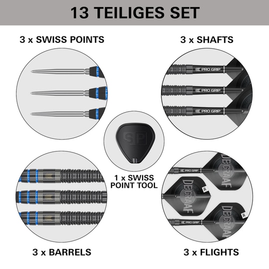 Terč Jeffrey De Graaf GEN1 Swiss Point Steeldarts - 23g Das Bild zeigt das 13-teilige Set "Target Jeffrey De Graaf GEN1 Swiss Point Steeldarts - 23g". Im Set sind 3 Spitzen, 3 Shafts, 3 Barrels, 3 Flights und 1 Swiss Point Tool enthalten.