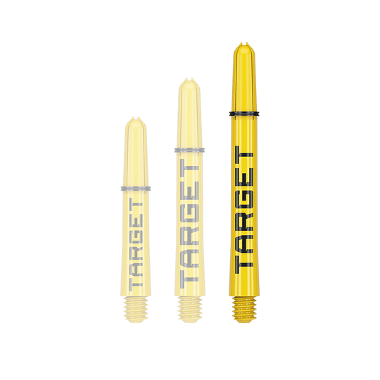 Násadky Target Pro Grip TAG - 3 sady - žluté Das Bild zeigt drei gelbe Dartschäfte in verschiedenen Längen. Auf jedem Schaft steht das Wort "TARGET" in schwarzer Schrift.