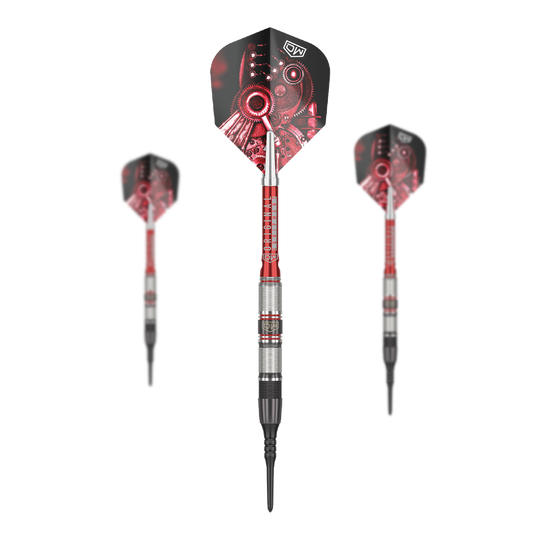 Šipky DW Piranha Razor 02 Softdarts Das Bild zeigt drei Softdarts des Produkts „DW Piranha Razor 02“. Die Darts haben ein schwarzes und rotes Design mit metallischen Elementen.