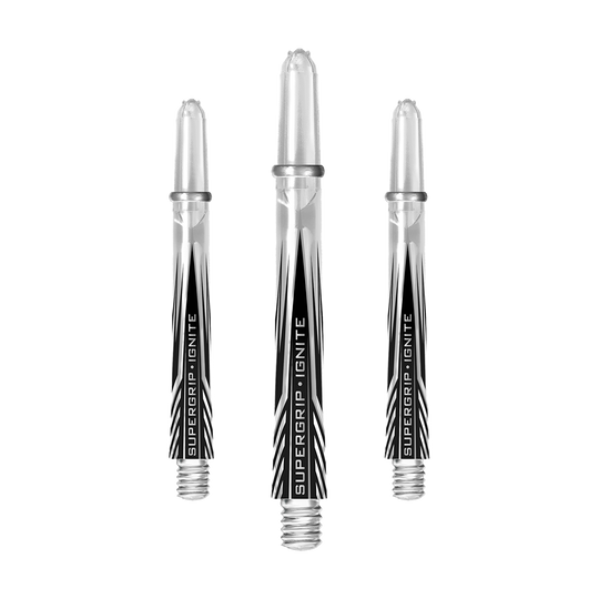 HR394_Harrows_Supergrip_Ignite_Shafts_Clear_47mm_1p9h98zRvzlN0K Das Bild zeigt drei klare Harrows Supergrip Ignite Shafts für Darts. Die Shafts haben ein modernes, transparentes Design mit schwarzer Beschriftung.