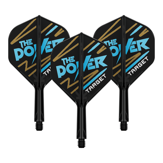 Systém standardní letové hřídele Target K-Flex Phil Taylor No2 Auf dem Bild sind drei Dartflights mit schwarzem Hintergrund zu sehen. Auf den Flights steht in blauer und weißer Schrift "THE POWER" und unten "TARGET".