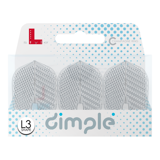 Das Bild zeigt eine Verpackung mit drei L-Style Flights Dimple im L3PRO Shape. Die Verpackung ist weiß mit blauen Punkten und trägt den Schriftzug "dimple".