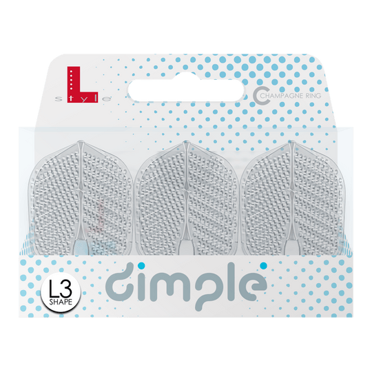 Letky ve stylu L Dimple Champagne Tvar L3PRO Das Bild zeigt eine Verpackung mit drei L-Style Flights Dimple im L3PRO Shape. Die Verpackung ist weiß mit blauen Punkten und trägt den Schriftzug "dimple".
