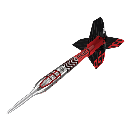 Ocelové šipky Target Nathan Aspinall GEN2 Swiss Point Das Bild zeigt einen modernen Steeldartpfeil mit silberner Spitze und rot-schwarzem Schaft. Auf den Flights steht in roten Buchstaben "THE ASP".
