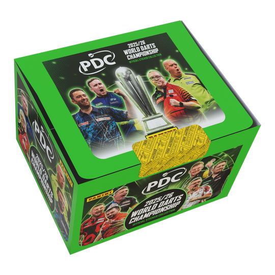 Panini PDC World Darts Championship 2025/26 - Krabička s 65 balíčky samolepek Zu sehen ist die Panini PDC World Darts Championship 2025/26 Stickerbox mit 65 Tüten. Die Stickerbox enthält viele Tüten zum Tauschen und Kleben.