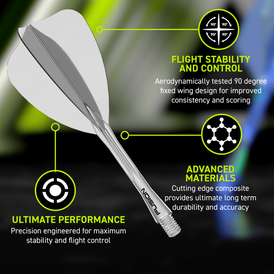 Das Bild zeigt erneut das Winmau Fusion Flight-Shaft-System Arrow Clear. Dies ist eine weitere Darstellung des klaren Flightschafts für Darts.