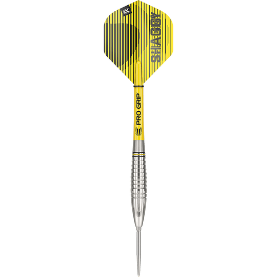 190222_Target_Scott_Williams_GEN1_Swiss_Point_Steeldarts_1DLTHZ0WEOF2KU Das Bild zeigt einen Target Scott Williams GEN1 Swiss Point Steeldart. Der Dart hat ein gelbes Flight mit schwarzen Streifen und einen silbernen, gerillten Barrel.