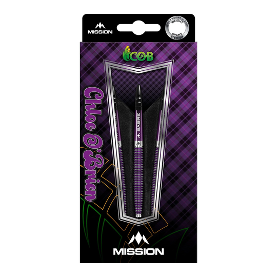 Das Bild zeigt die Mission Chloe O'Brien Electro Purple Steeldarts mit einem Gewicht von 23g in ihrer Verpackung. Die Verpackung ist lila kariert und zeigt die drei Darts gut sichtbar in der Mitte.