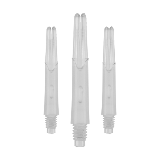 L-L-Style-Shafts Locked Straight - Clear Auf dem Bild sind drei transparente, gerade Dartschäfte aus Kunststoff zu sehen. Sie haben ein Gewinde am unteren Ende und sind ohne Kappen abgebildet.