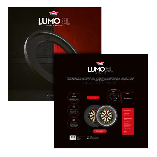 Das Bild zeigt die Verpackung des Bulls NL Lumo XL Surround Beleuchtungssystems. Es kombiniert eine Dartboard-Umrandung und ein Beleuchtungssystem in einem Produkt.