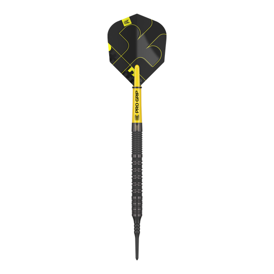 Target Bolide Void 10 měkkých šipek Das Bild zeigt einen Target Bolide Void 10 Softdartpfeil. Der Pfeil ist schwarz mit gelben Akzenten und hat einen Pro Grip Schaft.