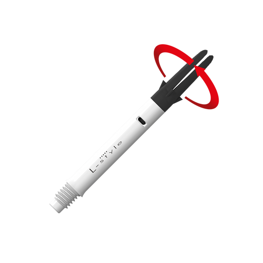Dies ist ein weißer Carbon-Schaft für Dartpfeile der Marke L-Style. Der obere schwarze Teil kann sich drehen, wie durch den roten Pfeil angezeigt.
