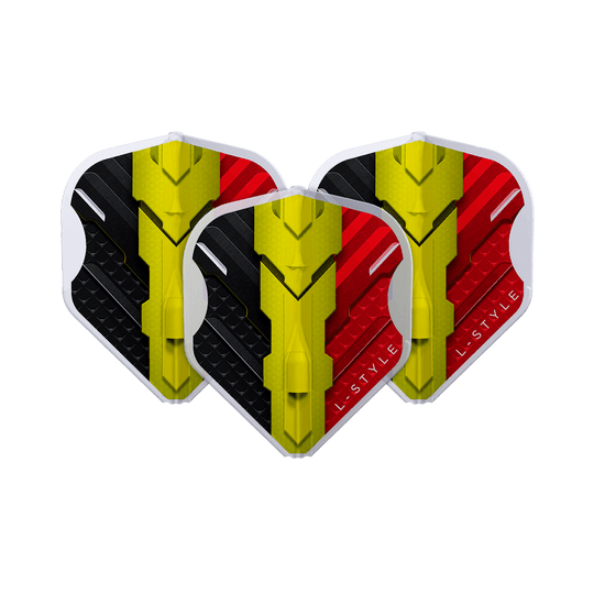 Letky L-Style V Series V1 Type C Belgium Clear White L1EZ Das Bild zeigt drei Dart-Flights des Modells "L-Style V-Series V1 Type C Belgium Clear White L1EZ Flights". Die Flights sind in den Farben Schwarz, Gelb und Rot gestaltet und zeigen ein modernes Design.