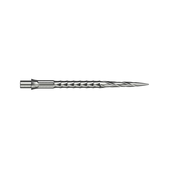 Ocelové hroty na šipky Caliburn System - Spiro - NoLip - stříbrné Zwei silberne Steeldartspitzen im Spiro NoLip Design sind zu sehen. Sie sind 36 mm lang und liegen nebeneinander.