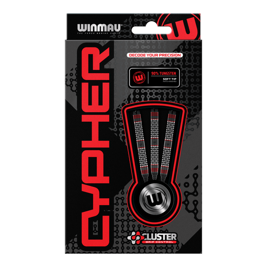 Šipky Winmau Cypher Softdarts - 20g Die Abbildung zeigt die Verpackung der Winmau Cypher Softdarts mit 20 Gramm Gewicht. Die Darts bestehen zu 90% aus Wolfram und verfügen über spezielle Griffkontrolle.