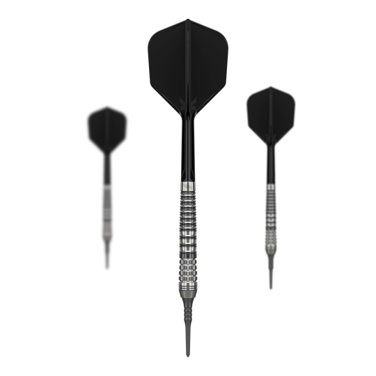 Šipky Target Japan Black Marque Renegade 4 Softdarts - 19g Das Bild zeigt drei schwarze Softdarts mit silbernem Griff. Es handelt sich um das Produkt "Target Japan Black Marque Renegade 4 Softdarts - 19g".