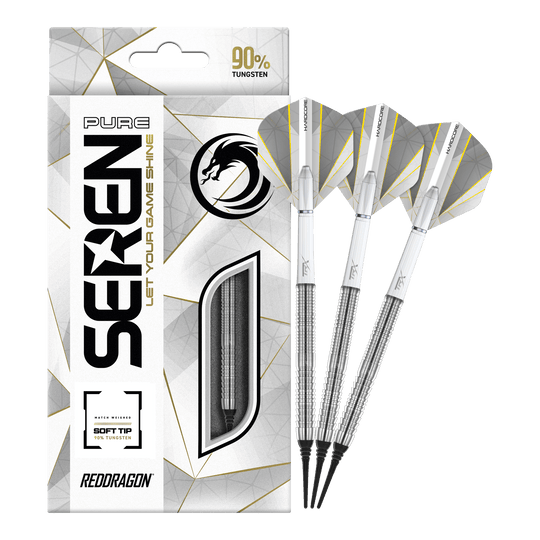 Die Abbildung zeigt die "Red Dragon Seren 1 Pure Softdarts - 20g" mit drei silbernen Softdarts. Die Verpackung hebt hervor, dass die Darts zu 90 % aus Tungsten bestehen.