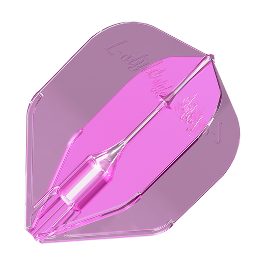 Letky L-Style Fantom L3EZ Čirá růžová Das Bild zeigt ein durchsichtiges, pinkes Dart-Flight mit der Aufschrift „L-style“. Es handelt sich um das Produkt „L-Style Fantom L3EZ Flights Clear Pink“.