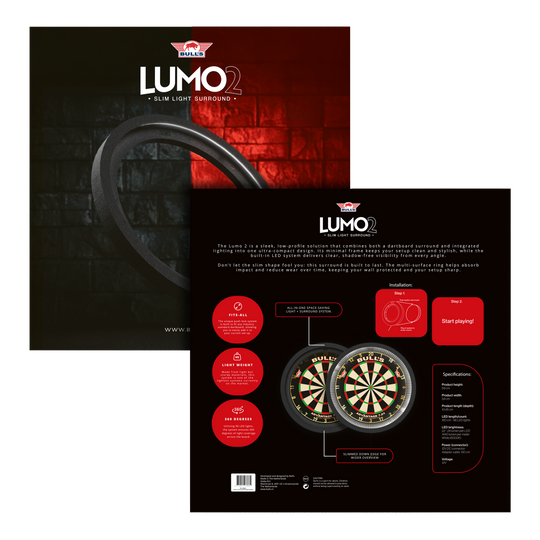 Das Bild zeigt das Produkt "Bulls NL Lumo 2 Light Surround Beleuchtungssystem" für Dartscheiben. Es kombiniert ein schlankes, rundes LED-Lichtsystem mit einem schützenden Surround für bessere Sicht und Schutz beim Dartspielen.