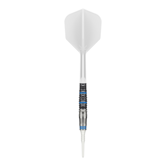 Das Bild zeigt einen Softdartpfeil mit einer weißen Flights und Spitze. Der Griffbereich ist silbern mit schwarzen und blauen Ringen verziert.