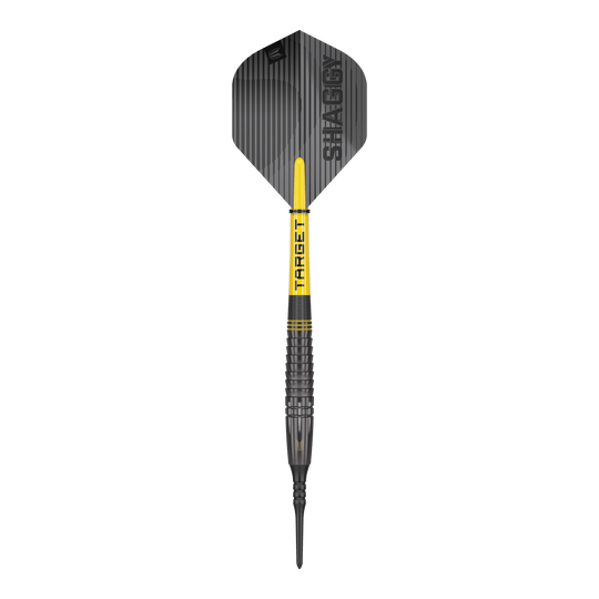 Šipky Target Scott Williams Shaggy Black Soft - 20g Dies ist ein Softdart namens "Target Scott Williams Shaggy Black Softdarts - 20g". Der Dart ist überwiegend schwarz mit gelben Akzenten und hat den Schriftzug "SHAGGY" auf der Flight.