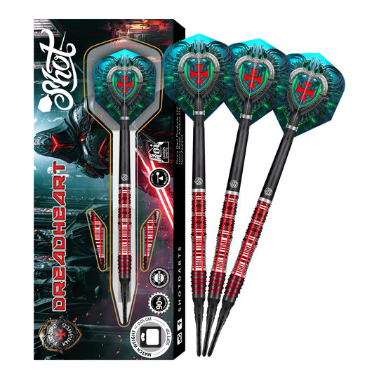 Das Bild zeigt die "Shot Future Knights Dreadheart Softdarts - 20g" zusammen mit ihrer Verpackung. Die Darts haben auffällige, rot-schwarze Designs und hochwertige Flights mit einem Kreuzmotiv.