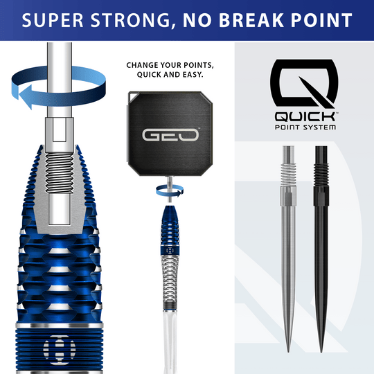 Ocelové šipky Harrows GEO Bomb Quick Point Harrows GEO Bomb Quick Point Steeldarts sind auf dem Foto zu sehen. Das Bild präsentiert die Form und Ausführung der Steeldarts.