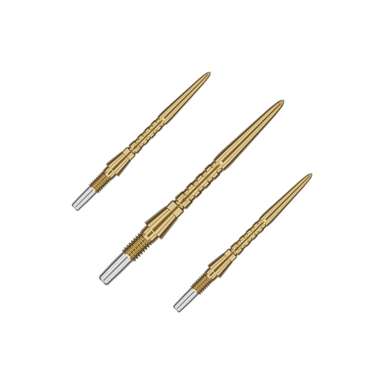 Ocelové hroty na šipky Target Swiss Point Storm Surge - zlaté Auf dem Bild sind drei goldene Steeldartspitzen zu sehen. Sie haben ein schlankes, geriffeltes Design mit einem silbernen Schraubgewinde am Ende.