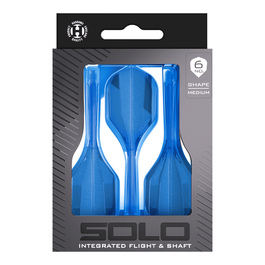 Zu sehen ist das Harrows Solo No6 Flight-Shaft-System in Blau. Das Produkt wird aus einer bestimmten Perspektive gezeigt.