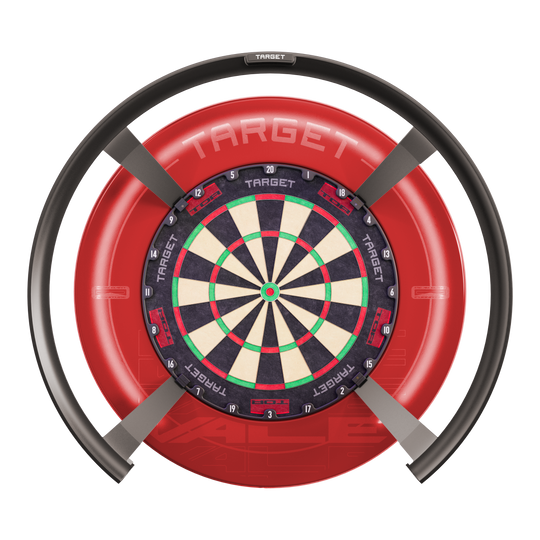 Systém automatického bodování Target OMNI Das Bild zeigt das Produkt "Target OMNI Auto-Scoring-System", ein innovatives elektronisches System für Dartspiele. Es besteht aus einem Dartboard mit einem kreisförmigen automatischen Punktesystem und einer markanten roten Umrandung.